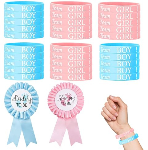 Pulseras de Silicona Gender Reveal - Set 30 Piezas, 15 Pulseras Equipo Niño y 15 Equipo Niña, 2 Corsages, Diversión para Fiesta de Revelación de Género, Apto para Adultos y Jóvenes