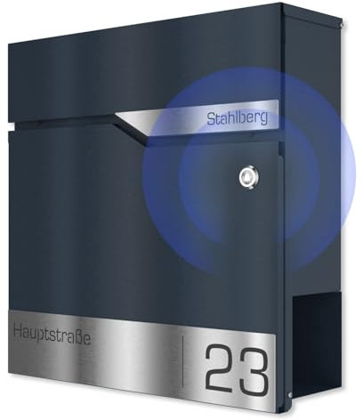 Graviers Design Cassetta per le lettere a muro con campanello radio in antracite RAL 7016 - personalizzata in acciaio inox targhetta nome strada numero civico - Cassetta postale con serratura