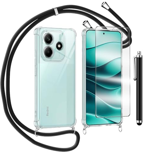 TTSWJBD Coque pour Xiaomi Redmi Note 14 4G avec Verre Trempé Protection écran Cordon de Collier Réglable Chaîne Antichoc Transparente Silicone Lanyard Case, Housse Téléphone Étui de Protection - Noir