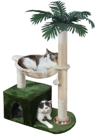 Fantasreen Árbol para Gatos de 95 cm con Hamaca Grande de Metal, Rascador para Gatos de Interior con Condominio, Pista de Juegos para con Bolas y Pelota Saltarina, Verde y Blanco.