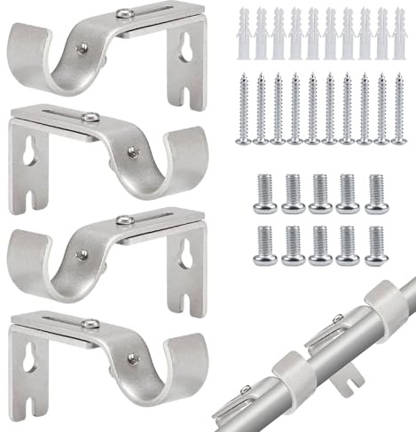4 Stück Halterung für Gardinenstange für Hause Büro Schlafzimmer (Silbrig) | Gardinenstange Halterung mit Schrauben für 20-26mm Gardinenstangen, Verstellbare Länge und Winkel Verstellbare Wandhalterung