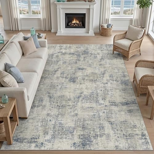 DEXI Modern Abstrakt Teppich Wohnzimmer 244 x 305 cm, rutschfest Wohnzimmerteppich Waschbar Kurzflor Bettvorleger Teppiche für Schlafzimmer, Esszimmer, Büro, Blau