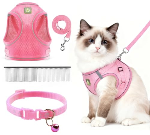 CUEMOON Katzengeschirr mit Leine Softgeschirr für Katze, Katzenleine mit Geschirr für Katzen Verstellbar Katzen Geschirr Set Cat Harness Softgeschirr für Katze (Rosa, S)