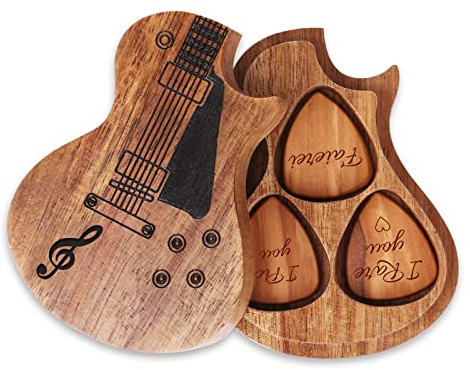 Premium Holz Gitarren Plectrum Box Set - Inklusive 3 Plektrum Personalisiert mit Gravur Name und Text, Ideal für Vatertag, Geburtstage, Weihnachten und Musikliebhaber (Stil 1)