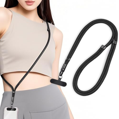 Lamiishop Phone Strap, Adjustable Crossbody Strap & Neck Strap, Cross Body Phone Strap with Patch, Nylon, Anti Loss/Anti Theft, 2Way -Black