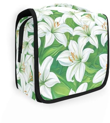Happy Easter Trousse de toilette pour femme avec crochet de suspension Motif feuilles de lys blancs