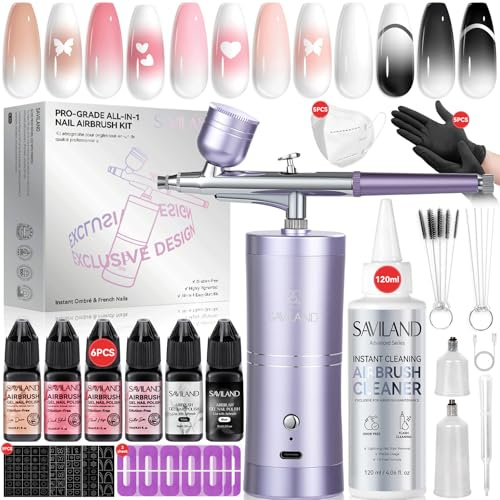 SAVILAND Kit Airbrush Complet: Machine à Ongles Instant Color avec 2 Modes pour French & Ombré Immédiats, 6 * 15ml Vernis Gel Airbrush, Nettoyant et Pochoirs