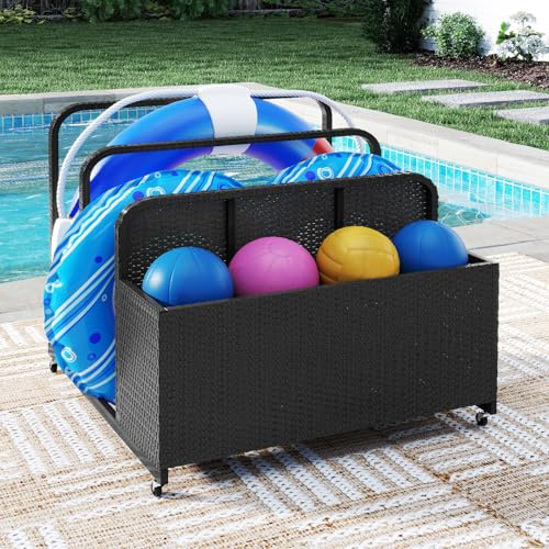 GOPLUS Coffre de Jardin Exterieur avec Portant Roues, Coffre Jardin Exterieur Mobile en Rotin PE avec et 2 Porte-Serviettes, Coussins, Flotteur Piscine, Outils de Jardin,Charge 30 KG (Noir)