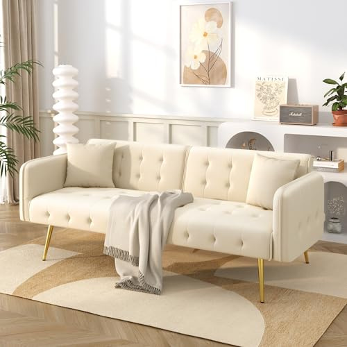 SUKY Zweisitzer-Multifunktions-Sofabett mit Bettfunktion, Verstellbarer Rückenlehne + mehrstelligen Armlehnen. Modernes Faltsofabett für Wohnzimmer, Veloursbezug, 178 x 82 x 70cm (Beige)