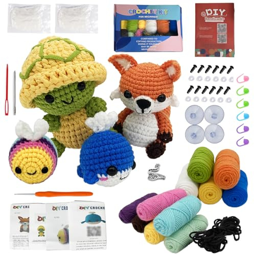 Häkelset Tiere, Häkel Starterset für Anfänger, Strickset mit Anleitung, Häkel Starter Kit Crochet Set, Weiches Garn mit Strickzubehör, Geeignet als Geschenk (Wale, Bienen, Füchse, Schildkröten)