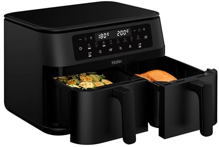 Haier Heißluftfritteuse 2 Kammern I 11 L Airfryer Doppelkammer für 9 Portionen I Kammern flexibel & unabhängig einstellbar I 8 Funktionen I spülmaschinenfest