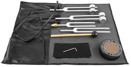 ETERMETA Stimmgabel-Set aus Aluminiumlegierung (128 Hz, 136,1 Hz, 256 Hz, 384 Hz), gewichtete und ungewichtete Chakra-Gabeln für Meditation, Yoga und Klangbad mit Gummihammer, Aktivator und veganer
