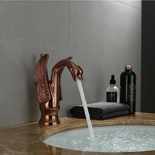 full copper european swan gold hot and cold basin faucet bathroom vintage paint antique chrome mixed faucet, rose gold dwarf version