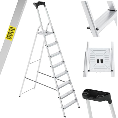 Bayersystem Aluminiumleiter, 8-stufig, mit Werkzeugablage, leicht, klappbar, Tragfähigkeit 150 kg, Stehleiter, tragbar, robust, rutschfest, multifunktional für Zuhause, Lager, Büro