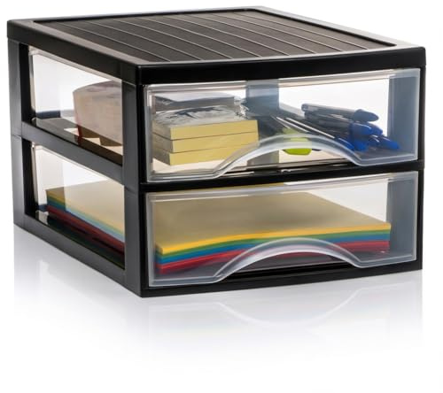 Hausfelder Schubladenbox A4, 2 Schubladen, Schwarz Transparent | Transparente Kunststoff Schubladenbox für Schreibtisch, Büro Organizer Schubladen, Aufbewahrungsbox mit Schubladen, Din A4