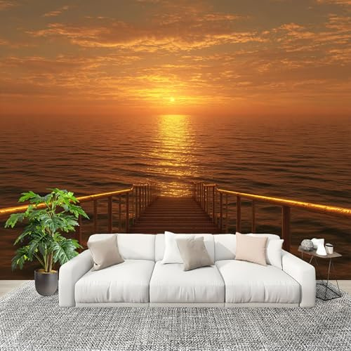 Mural de Interior Fotomurales 250x175 cm Escaleras Al Mar Tejido No Tejido Fotomurales Papel Pintado Oro Pared Panorámico para Dormitorio Salón TV Pared Murales Póster
