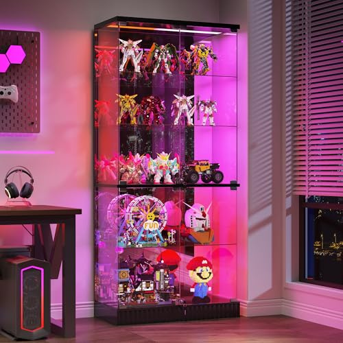 Gurexl RGB Display Cabinets with Lockable Glass Doors and Dynamic lighting,Floor Display Case with Human Sensor,5 Tier Curio Cabinet with Tempered Adjustable Shelves for Collectibles,Living Room,Black