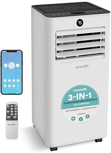 SereneLife Aire acondicionado portátil 9000 BTU, climatizador portátil WiFi con mando a distancia, kit ventana, deshumidificador y ventilador, pingüino, aire acondicionado compacto para casa, oficina