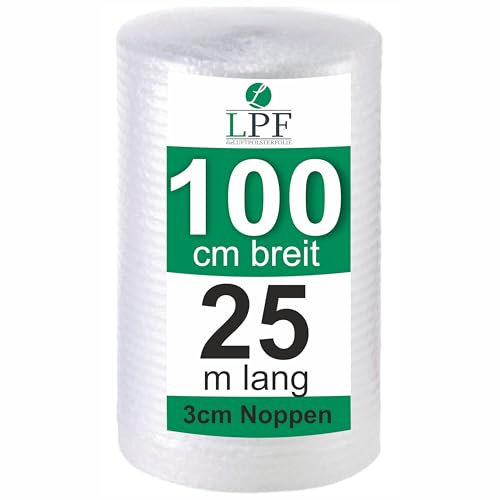 Luftpolsterfolie 100 cm x 25 m 100 my große Noppen Noppenfolie Verpackungsfolie Rolle Blisterfolie Umzug 1m Knallfolie Polstermaterial Transparent