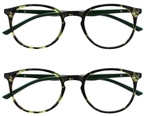 OPULIZE Met Lesebrille 2er Pack Schlank Runder Rahmen Federscharniere Kratzfest Grün Schildpatt Solide Bügel Herren Damen RR60-6 +3.00