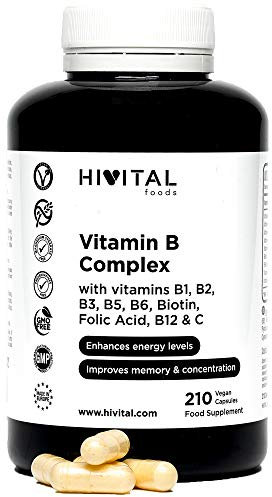 Vitamin-B-Komplex. 210 vegane Kapseln für eine 7-monatige Kur. Vitamin-B-Komplex mit B1, B2, B3, B5, B6, B12, Biotin, Folsäure und Vitamin C. Hergestellt von HIVITAL