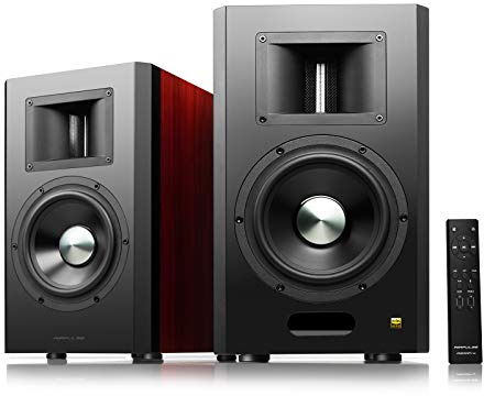 AirPulse A300PRO Bois - Enceintes Studio bibliothèque Actives, Processeur XMOS et DSP, Télécommande IR, BT 5.0, Entrées AUX, Optique, USB et Coaxiale, Ampli Intégré, 160W RMS