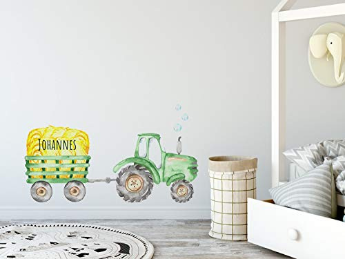 GRAZDesign Wandtattoo Kinderzimmer Junge Grün, Traktor mit Anhänger und Namen, Babyzimmer personalisiert, Entfernbare Wandsticker / 100x57cm