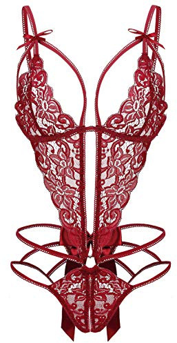 Donnalla Lingerie for Women Deep V Lace Teddy One Piece Lingerie Bodysuit Babydoll Teddy Underwear Wine Red S