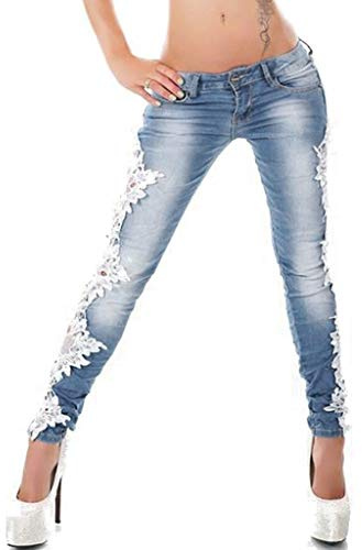 CHAOEN Damen Jeans Hüftjeans Lace Spitze Stickerei Hosen Lang Jeanshosen Bleistifthose Stretch Skinny Röhrenjeans