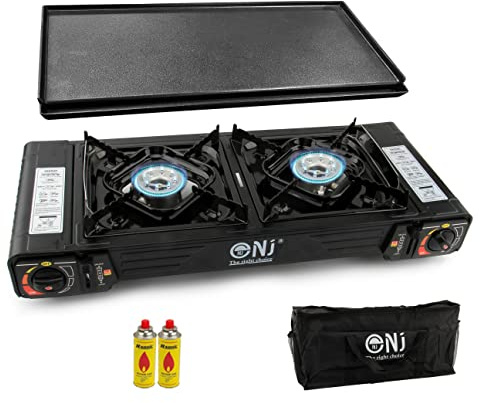 NJ DS-22 Double Camping Stove - 2 Burner Portable Butane Gas Cooker Carry Bag Grill Plate BBQ (Stove + GRILL + 2 Canisters)