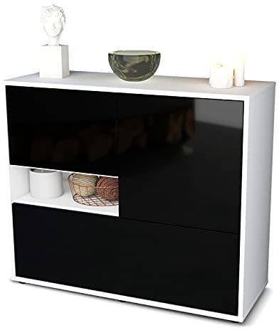 Stil.Zeit Kommode Sideboard, Alfred, Korpus Weiss matt, Front Hochglanz Design Schwarz, (92x79x35cm), Push to Open Technik & Leichtlaufschienen