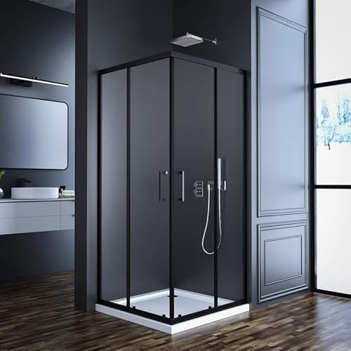 Duschkabine Schwarz 75x90cm Eckeinstieg, Goezes Schwarz Duschkabine Eckeinstieg Schiebetür Duschkabine mit Schiebetüren Duschabtrennung Duschwand Schwarz mit 6mm ESG Sicherheitsglas Höhe 185cm