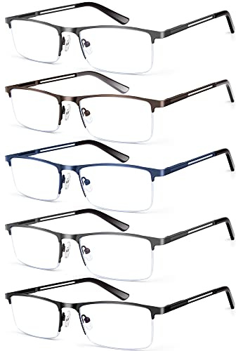 KONHAGO Blue Light Blocking Reading Glasses for Men, Half Frame Metal Readers Spring Hinge Eyeglasses Anti Eyestrain/Glare/UV