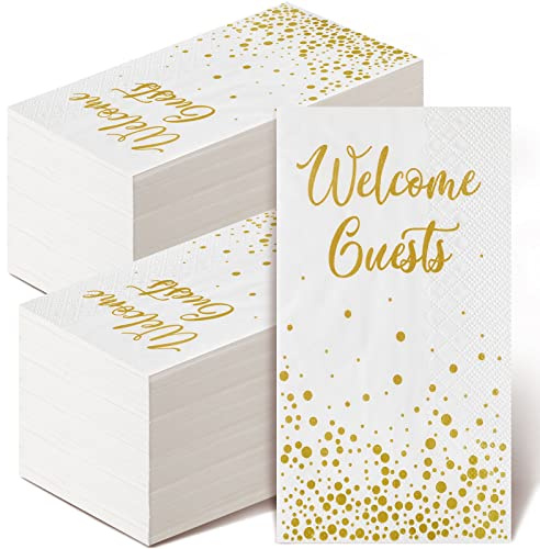 Hotop 200 Gold Welcome Guests Napkins Disposable Hand Towels for Bathroom Wedding Elegant Powder Room Holiday Anniversary Birthday Party Baby Bridal Shower Decorative Towel
