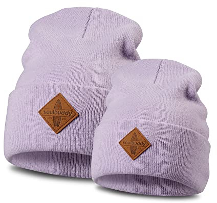 Soulbuddy Beanie - 2er Set Lavendel | Partnerlook-Set | 1 Herren oder Damen Wintermütze (One Size - 54-62 cm) und 1 Kinder Strickmütze (Größe L - 49-54 cm)