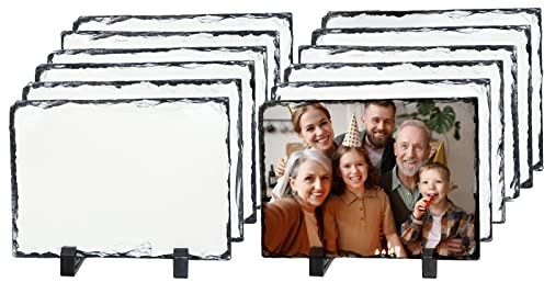 PYD Life 12 Pack Sublimation Photo Slates Rock Blanks 5.5 x 7.5 Inch Bulk Stone Frame White with Display Holder for Heat Transfer Printing