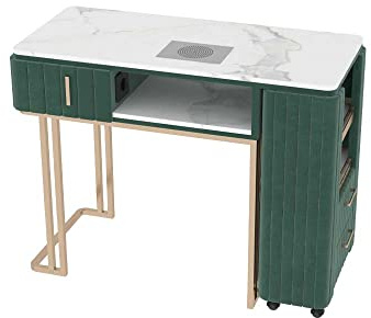 Tavolo per manicure e estetica in marmo con rivestimento in velluto, aspirapolvere integrato e mobiletto laterale mobile per saloni di bellezza e centri estetici. (100X78X45, verde)