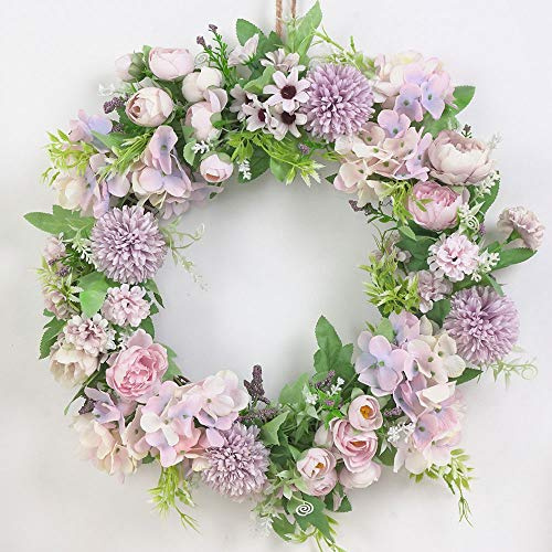 Couronne de Pivoine en Soie avec Feuilles Vertes, Hortensia Artificiel et Couronne de Fleurs de Pivoine pour Porte D'entrée, Couronne de Porte D'entrée de Bienvenue pour Décoration(violet clair)