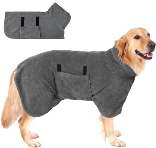 GUHAOOL Hundebademantel, Hundebademantel aus Mikrofaser, Bademantel Hund Extra SaugfäHig und Schnell Trocknendes mit Klettverschluss, Hund Bademantel Mantel für Große Mittel und Kleine Hunde (L, Grau)
