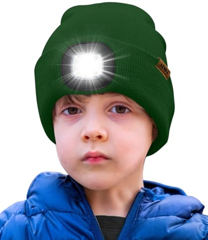 ATNKE Barn LED-upplyst mössa med ljus, uppladdningsbar USB 4 LED-löparmössa extremt ljus lampa vinter varm stickad mössa fantastiska presenter för pojkar och flickor, Grön, One size