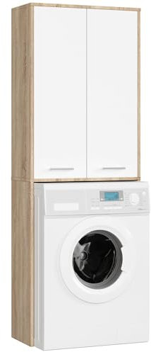 AKORD | Armadio Pensile per Lavatrice FIN 180 | Armadio di trasformazione con 2 Ante, 4 Ripiani | Archivio per bagno | Cassettiera per lavatrice | 64x180x30 cm | Rovere Sonoma + Bianco Frontale