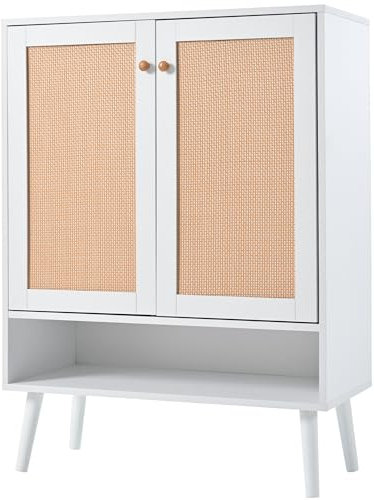 i@HOME Schuhschrank aus natürlichem Rattan mit 2 Türen und 5 Regalböden, für den Flur. Mit Holzgriffen und Massivholzbeinen. Maße: B76/H102/T35 cm
