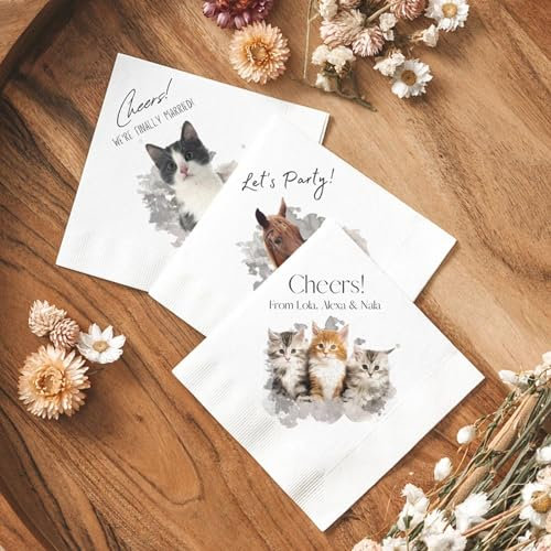 Personalisierte Cocktail-Servietten mit Haustierfotos und Namen, individuelle Katze, Haustier-Portrait-Servietten für Hochzeiten, Bars, Verlobungspartys, Welpen, Geburtstagsdekorationen (100 Stück)