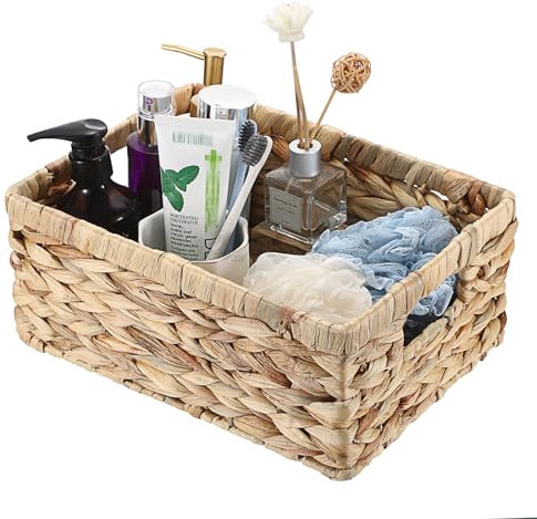 OGANAZI Natural Water Hyacinth Baskets with Handles, Woven Wicker Storage Baskets for Organizing, Shelf Baskets for Bedroom Bathroom Living Room, 30.5 * 23 * 13cm