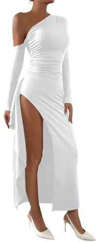 Zesoyne Womens Sexy Maxi Dress One Off The Shoulder Long Sleeve Side Slit A-line Long Dresses for Party Cocktail Wedding L White