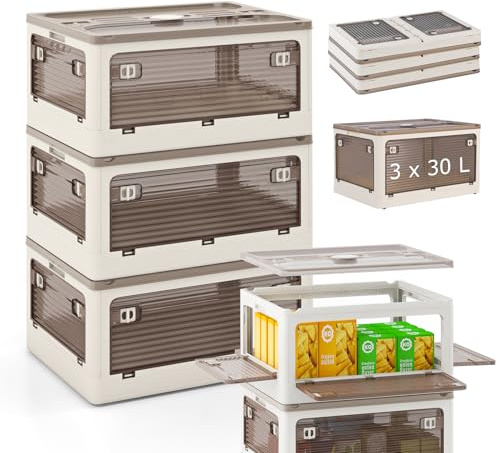COSTWAY Boîte Rangement Plastique 90L, 3 Caisses Rangement Pliables avec Petite Roulettes, 5 Côtés Rabattables, Bac Plastique avec Couvercle pour Jouets, 3 x 30 L
