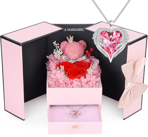Suturun Preserved Roses Forever Flowers Gifts for Women,Eternal Preserved Rose with Necklace Romantic Gift for Her,Mom,Wife,Girlfriend on Birthday Anniversary