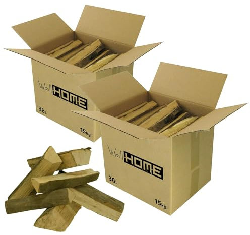 Set de 2 Caja de Leña 30Kg (2 x 15Kg) de Madera de Haya Seca para Chimeneas y Barbacoas/Palos de 30-50cm de Longitud