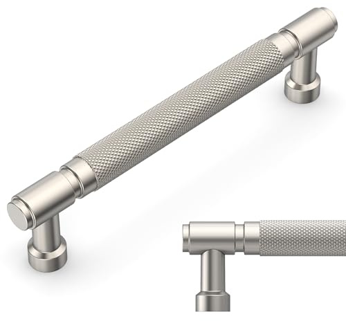 Amerdeco 10 Pack Brushed Satin Nickel knurled Cabinet Pulls 5 Inch(128mm) Hole Center Drawer Pulls Cabinet Hardware Kitchen Cabinet Handles for Bathroom AM032