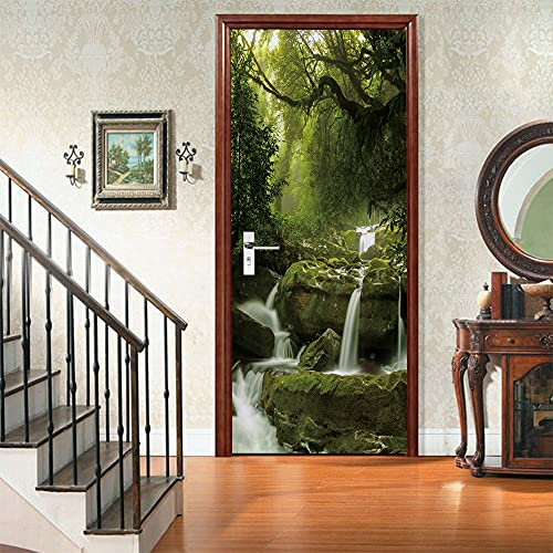 Türtapete Selbstklebend Wasserfall im Grünen Wald Tür Türtapete Selbstklebend Türposter,Fototapete Selbstklebend 3D Pvc Türaufkleber Diy Türbild,Türfolie Poster Tapete B100 x H200cm